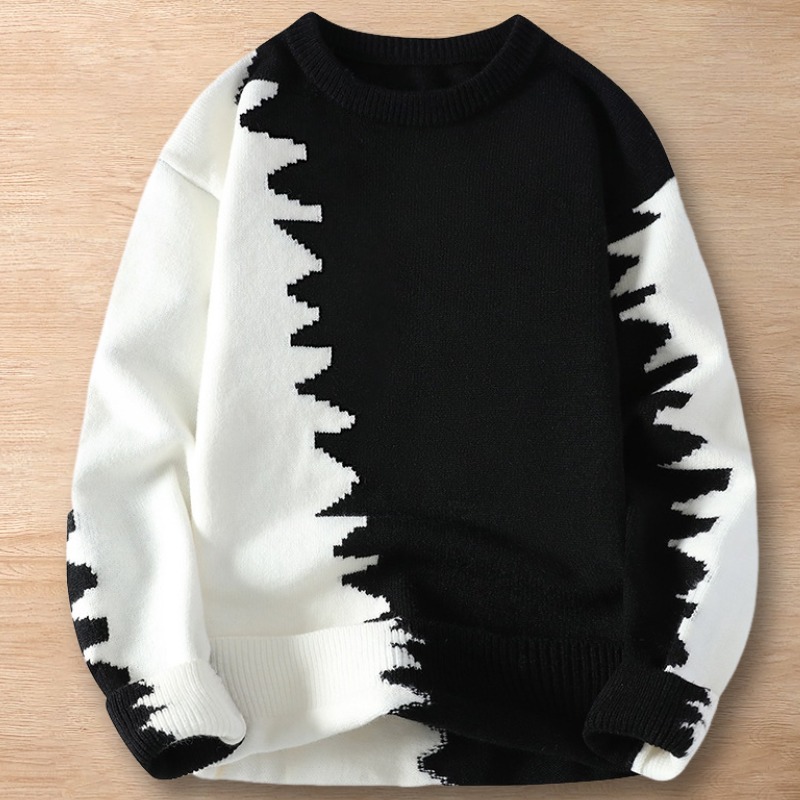 Y242-2XL ブラック 新品DCKMANY ウール混 セーター ニット バイカラー クルーネック プルオーバー 暖かい 長袖 防寒 厚手 メンズ トップス拍卖