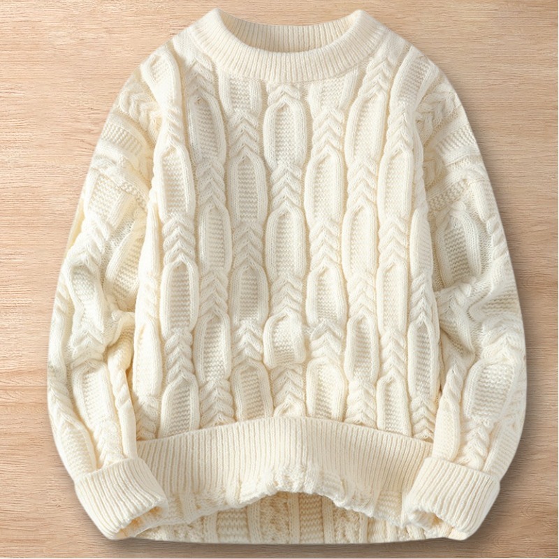 Y250-XL ホワイト 新品DCKMANY ウール混 セーター ニット ケーブル編み プルオーバー ラウンドネック 厚手 暖かい 長袖 メンズ トップス拍卖