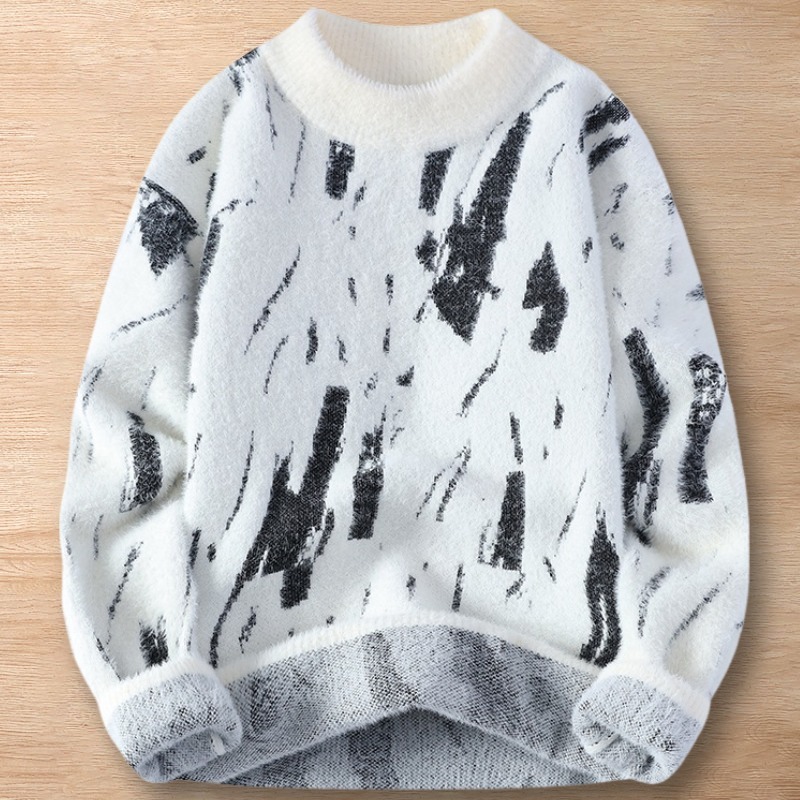 Y253-L ホワイト 新品DCKMANY ウール混 セーター シャギーニット プルオーバー ラウンドネック 個性的 厚手 暖かい 長袖 メンズ トップス拍卖