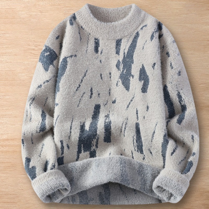 Y254-L ベージュ 新品DCKMANY ウール混 セーター シャギーニット プルオーバー ラウンドネック 個性的 厚手 暖かい 長袖 メンズ トップス拍卖