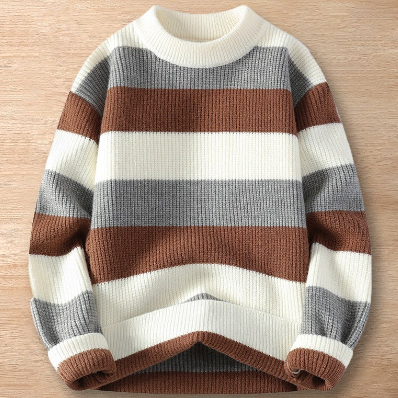 Y257-XL ブラウン 新品DCKMANY ウール混 セーター バイカラー プルオーバー ラウンドネックニット 3配色 厚手 暖かい 長袖 メンズ トップス拍卖