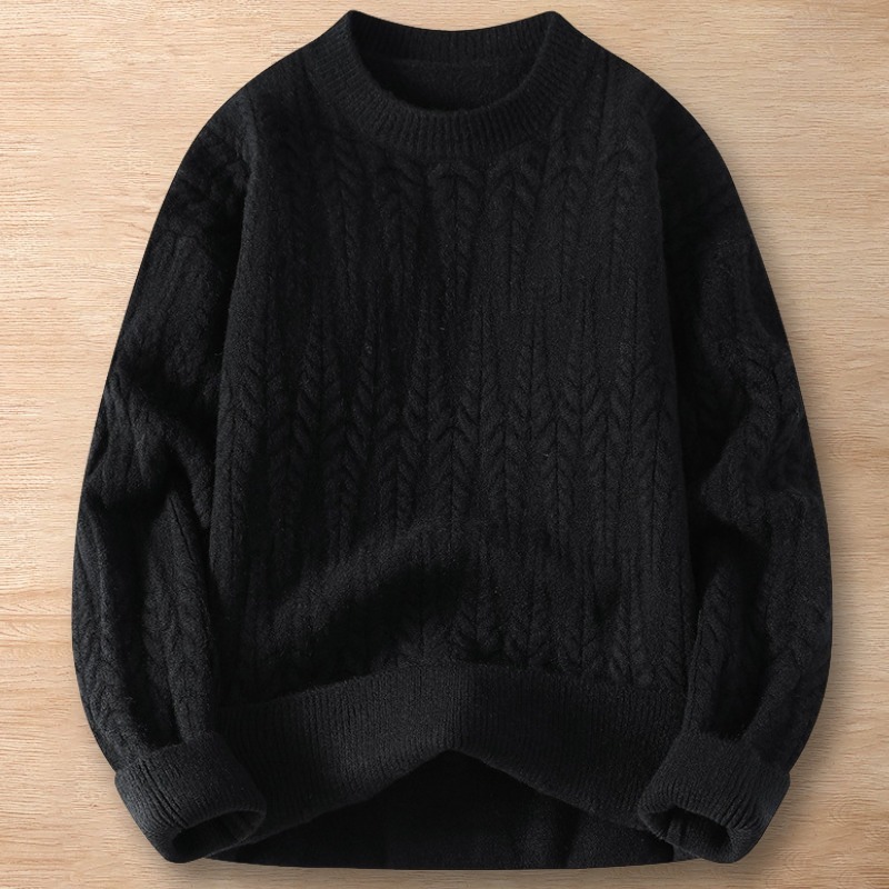 Y082-XL ブラック 新品DCKMANY 無地ニット ケーブル編みセーター ウール混 ラウンドネック 秋冬トップス 厚手 暖かい メンズ プルオーバー拍卖