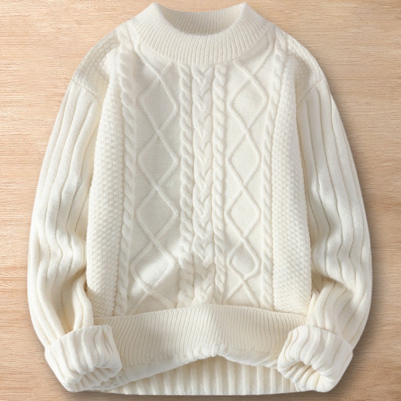 Y087-L ホワイト 新品DCKMANY ケーブル編み ニットセーター ウール混 プルオーバー ラウンドネック 秋冬トップス 厚手 暖かい メンズ拍卖