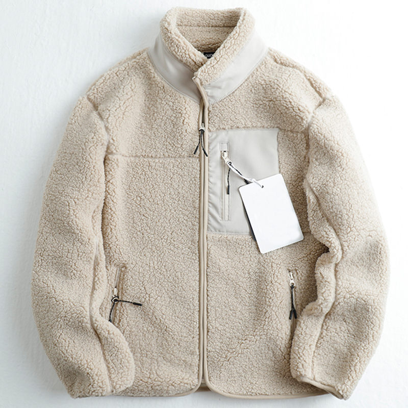 Y805-XL ベージュ 新品 フリースジャケット スタンドカラー 裏ボア シェニール 秋冬 厚手 暖かい 防寒 無地 アウター メンズ トップス拍卖