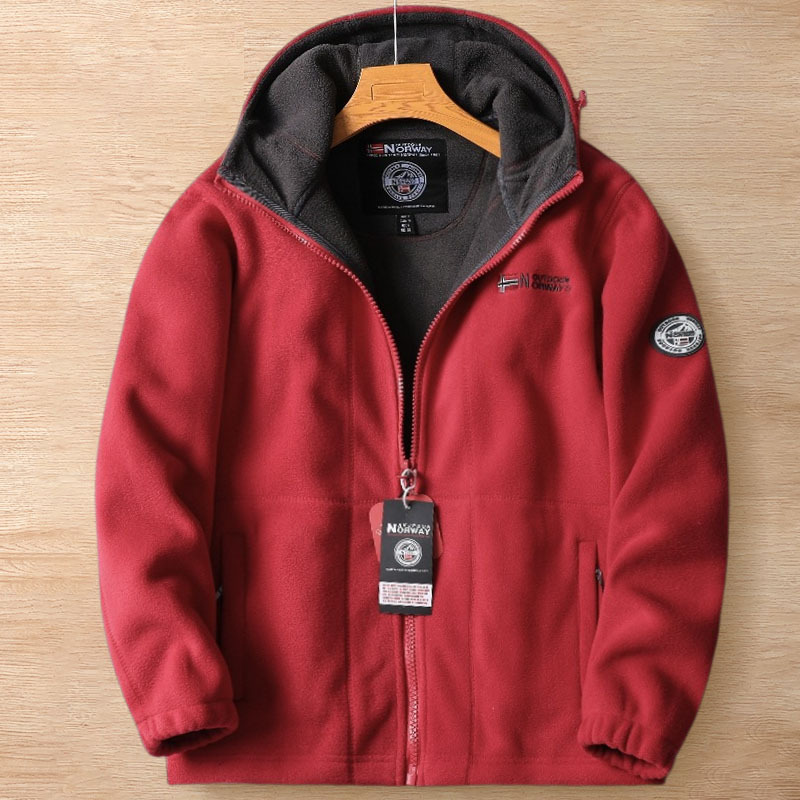 Y811-2XL レッド 新品 フリースジャケット 暖かさ 保暖 防寒 秋冬 シェニール 裏ボア フード付き ブルゾン アウター メンズ トップス拍卖