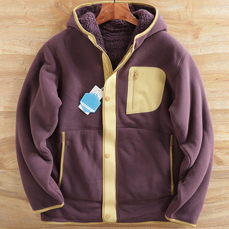 Y817-2XL パープル 新品 フリースジャケット 超あったかい 厚手 防寒 秋冬 裏ボア フード付き 両面フリース アウター メンズ 冬服 トップス拍卖