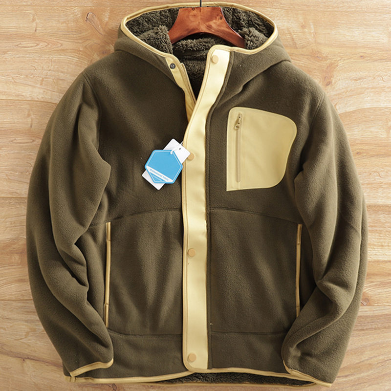 Y818-XL オリーブ 新品 フリースジャケット 超あったかい 厚手 防寒 秋冬 裏ボア フード付き 両面フリース アウター メンズ 冬服 トップス拍卖