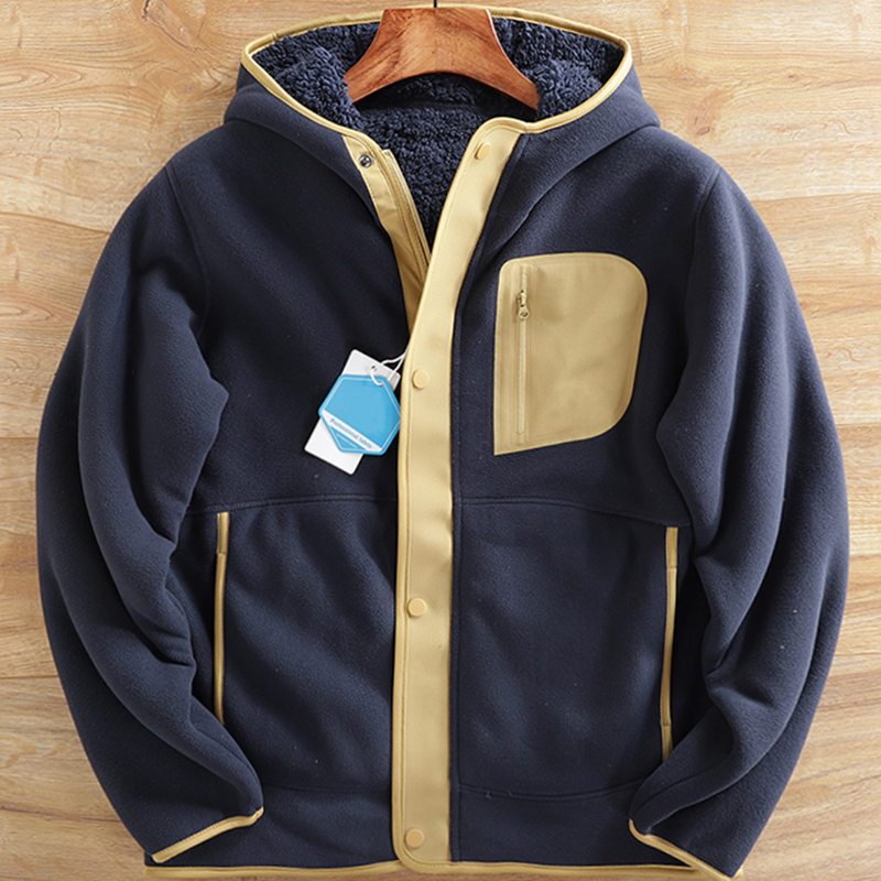 Y816-XL ネイビー 新品 フリースジャケット 超あったかい 厚手 防寒 秋冬 裏ボア フード付き 両面フリース アウター メンズ 冬服 トップス拍卖