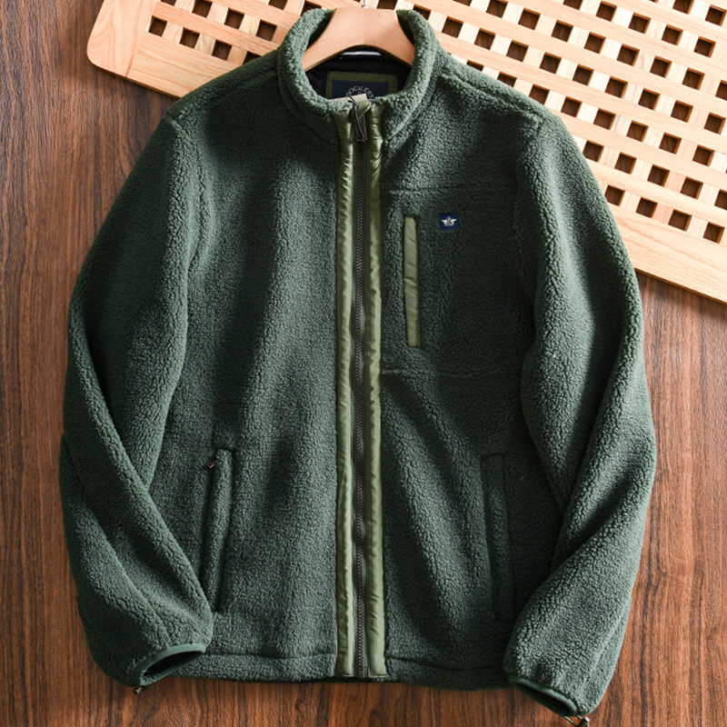 Y825-XL グリーン 新品 ゆる感 フリースジャケット アウトドア風 厚手 防寒 保暖 秋冬 裏ボア スタンドカラー アウター メンズ トップス拍卖