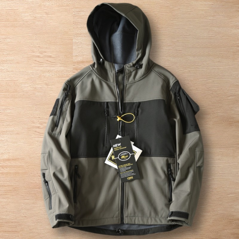 Y852-XL グレー 新品 ソフトシェルジャケット アウトドア 裏起毛 フード付き 防風 秋冬 暖かい 防寒 バイカラー アウター メンズ トップス拍卖