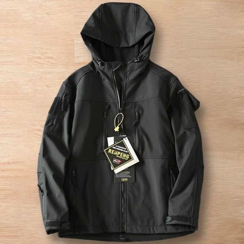 Y853-2XL 黒 新品 ソフトシェルジャケット アウトドア 裏起毛 フード付き 防風 秋冬 暖かい 防寒 バイカラー アウター メンズ トップス拍卖
