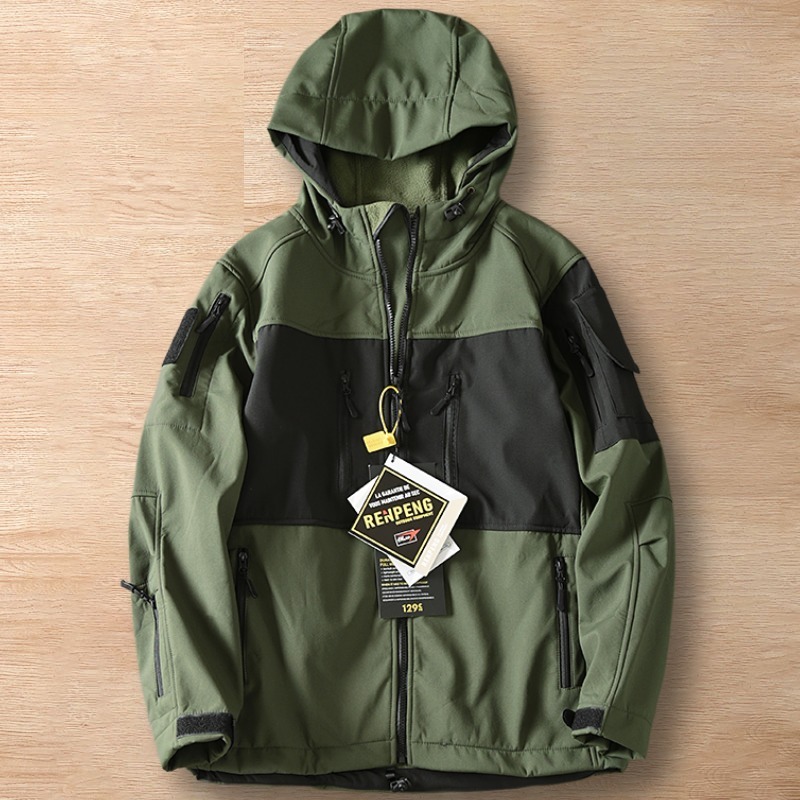 Y854-3XL 緑 新品 ソフトシェルジャケット アウトドア 裏起毛 フード付き 防風 秋冬 暖かい 防寒 バイカラー アウター メンズ トップス拍卖