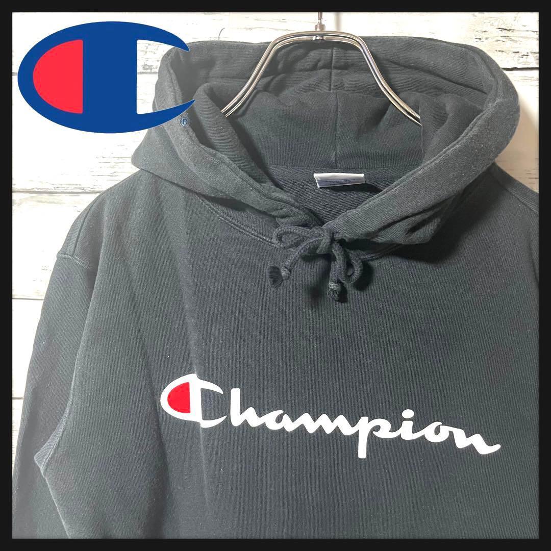 【定番人気】チャンピオン ブラックパーカー ワンポイント刺繍ロゴ M A426拍卖