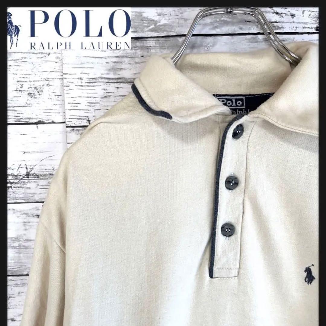 ラルフローレン USA製 Lサイズ オフホワイト 長袖ポロシャツ A61拍卖