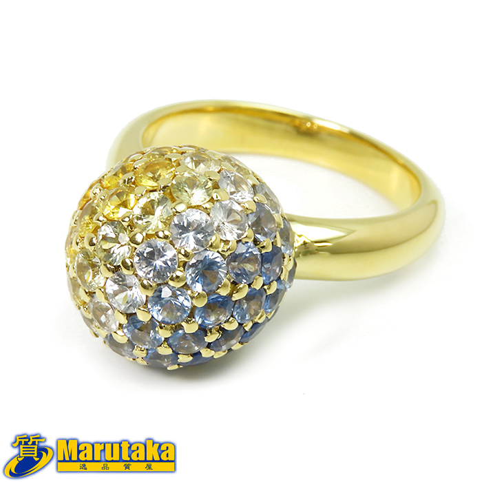 【K18 サファイア リング】13号 鑑別書付 指輪 レディース ジュエリー パヴェ 18金イエローゴールド ブルーサファイア ボール 球体 玉 中古拍卖