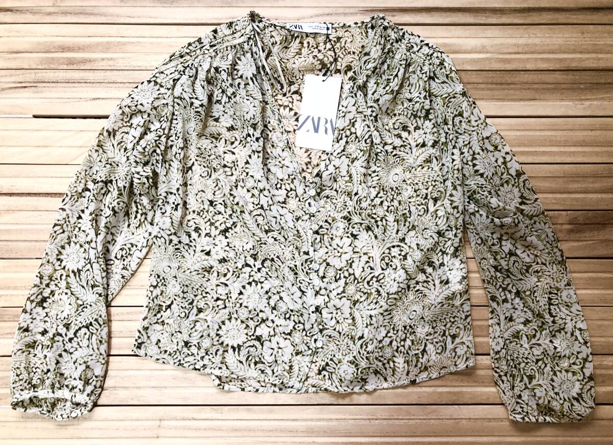 新品 ZARA 花柄スケブラウスシャツ Sサイズ 柄シャツ 長袖 シースルー カーキ 拍卖