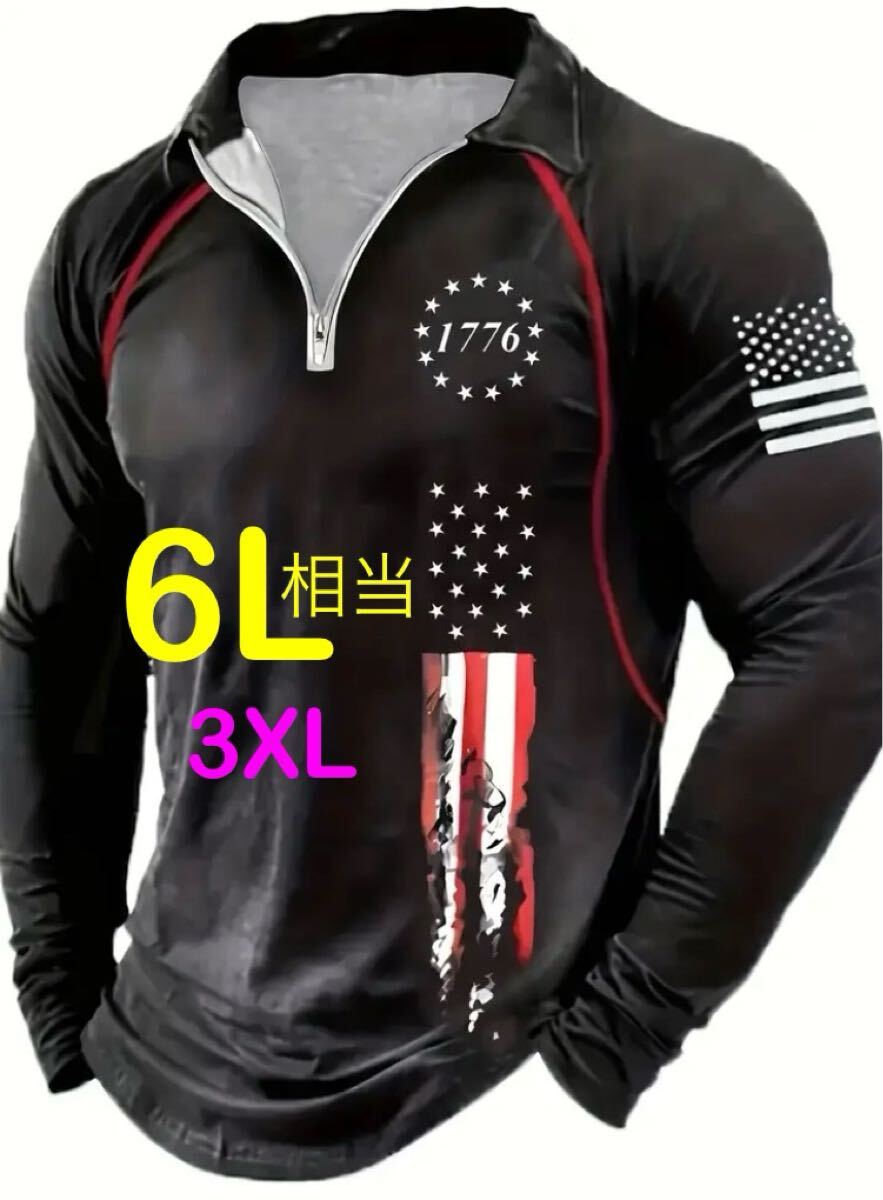※新品紙タグなし※USフラッグプリント 長袖カジュアルシャツ ゴルフシャツ 3XL(6L相当)拍卖