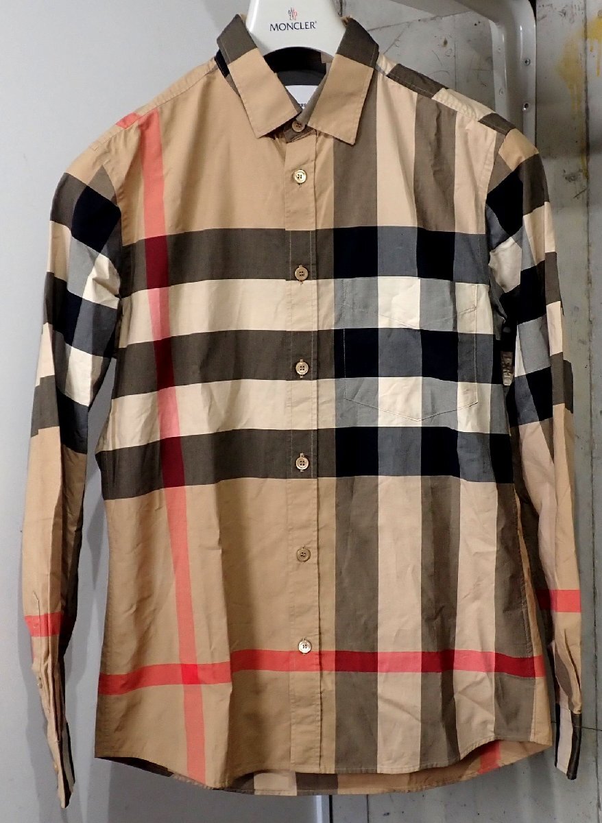 良品 バーバリー 8010213 チェック メンズ 長袖シャツ ベージュ ブラウス S 3304拍卖