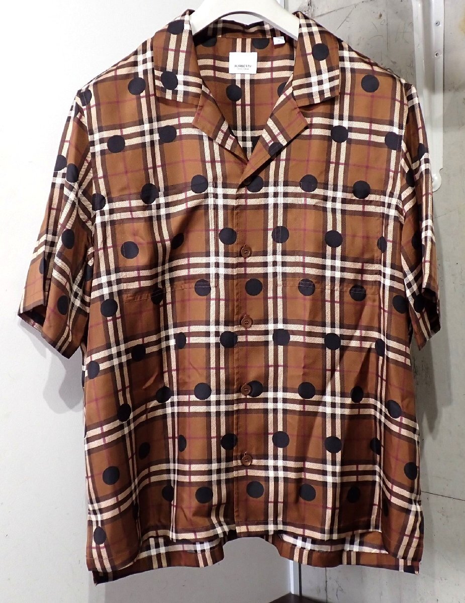 美品 バーバリー ロンドン LONDON 8067796 チェック シルク メンズ 開襟 半袖シャツ ブラウン ドット 水玉 ブラウス M 2984拍卖