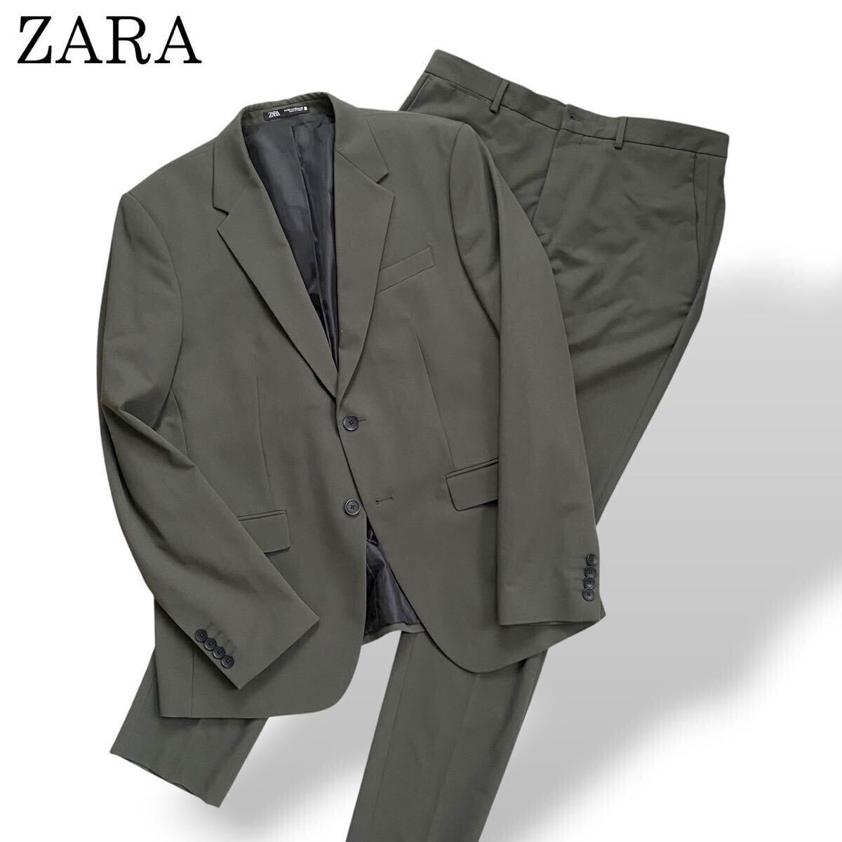 美品 ザラ ZARA スーツ セットアップ シングルスーツ 伸縮性◎ ジャケット パンツ 2B グリーン系 カーキ 52 L〜XL位 ビジネス カジュアル拍卖