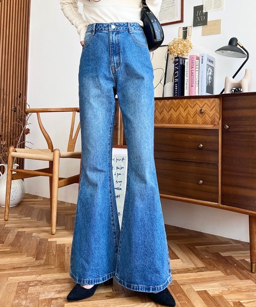 「moment+」 ブーツカットデニムパンツ L ブルー レディース拍卖