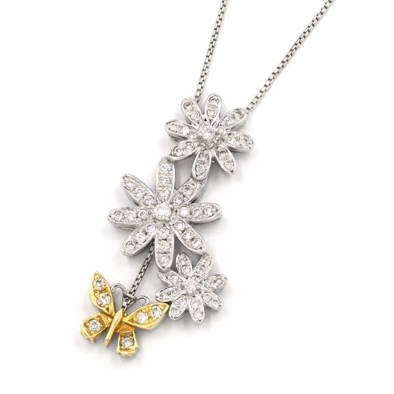 0.82ct天然ダイヤモンドネックレス K18WG K18YG パヴェダイヤネックレス フラワーモチーフ 蝶 ホワイトゴールド 地金9.3g 中古 送料無料拍卖