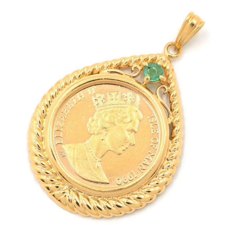 1/20オンス マン島コインヘッド K18YG K22YG 天然エメラルド エンジェルコイントップ 1990年 イエローゴールド 地金4.1g 中古 送料無料拍卖