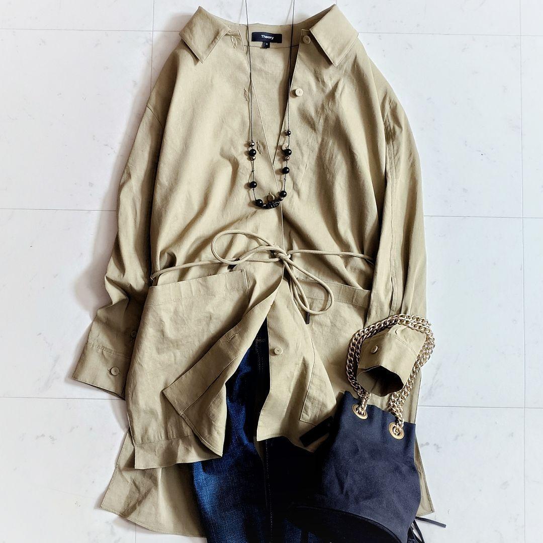 極美品定価3.9万 セオリー Theory リネン混 ミドル丈シャツジャケット コート 無地 長袖 ナチュラル チュニック ワンピース レディース拍卖