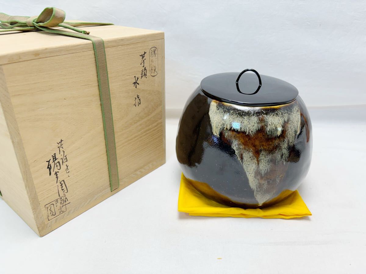 M704381 未使用 茶道具 膳所焼 淡海ぜぜ 陽炎園造 芋頭 水指 陶印 塗り蓋 水屋道具 煎茶道具 茶懐石 水差し 茶器 茶具 茶事 蓋物 共箱拍卖