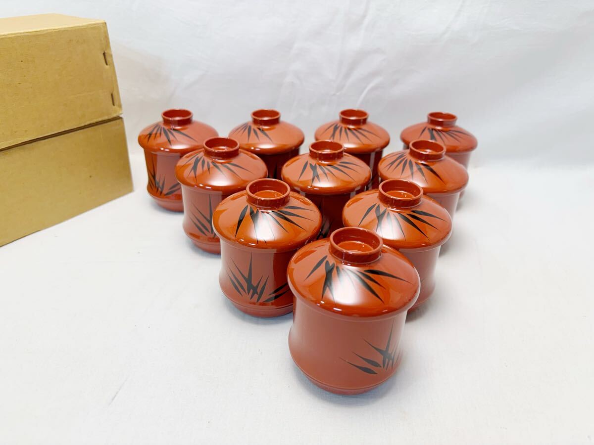 M704405 未使用 懐石道具 竹形朱塗箸洗 5客揃 黒竹蒔絵 内黒 茶道具 和食器 小吸物椀 汁椀 蓋付椀 伝統工芸 紙箱拍卖