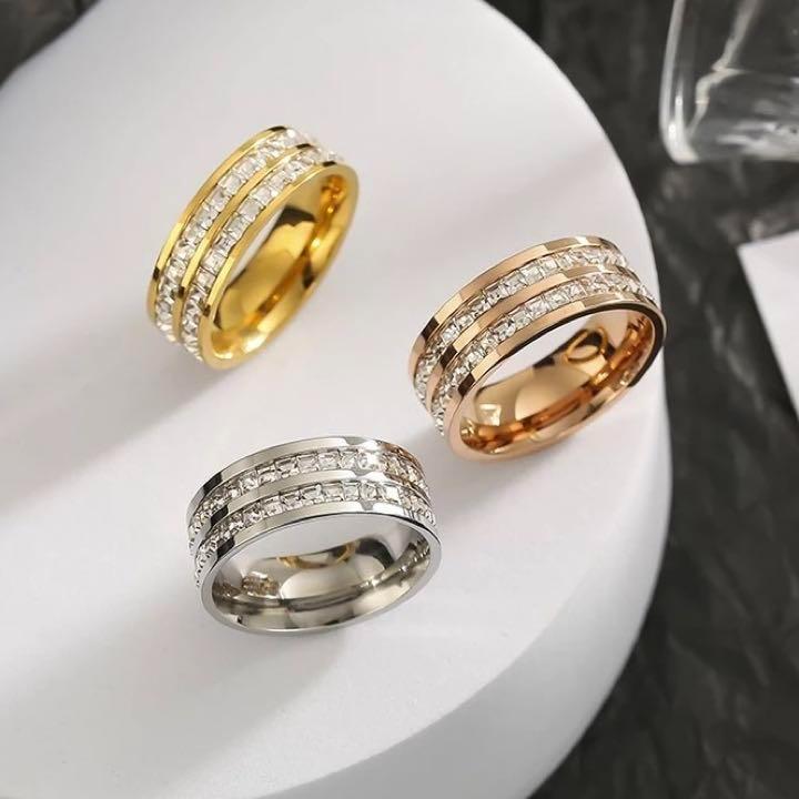 フルエタニティリング ダブル 指輪 レディース 3カラー レディース ステンレス シンプル ゴールド ピンクゴールド シルバー拍卖