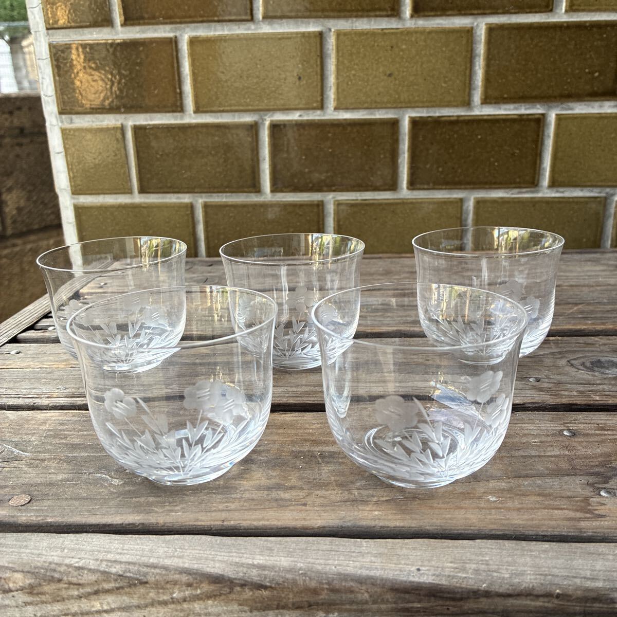 冷茶揃 冷茶碗 冷茶グラス 和風切子 5客 花模様 ガラス 拍卖