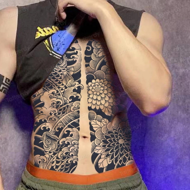 KS004 錦鯉TATOOシール 本格派タトゥーシール 和柄 和彫り入れ墨シール 胸腹用入れ墨 簡単長持ち イベントや動画撮影に リアルな刺青シール拍卖