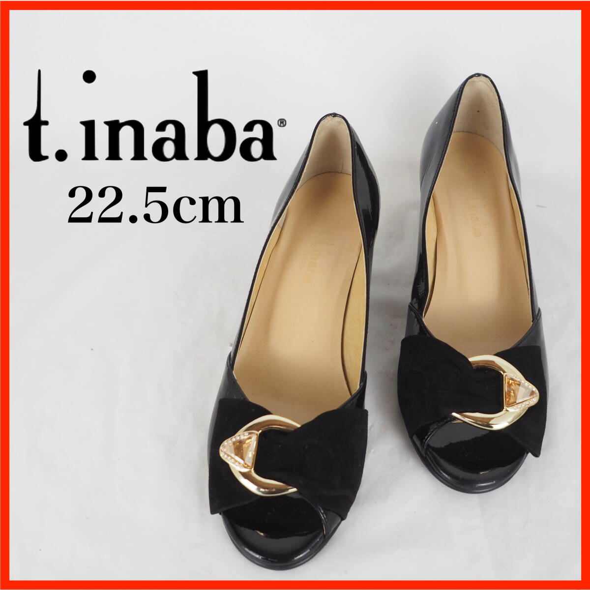 OK6037*t.inaba*ティーイナバ*レディースオープントゥパンプス*22.5cm*エナメル黒拍卖