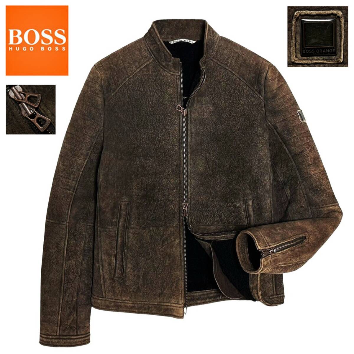 贅の極! 定価20万 極暖! HUGO BOSS ORANGE 最高級羊革 総裏 極上リアルムートン 加工 ライダースジャケット 50 羊革 ブルゾン ヒューゴボス拍卖