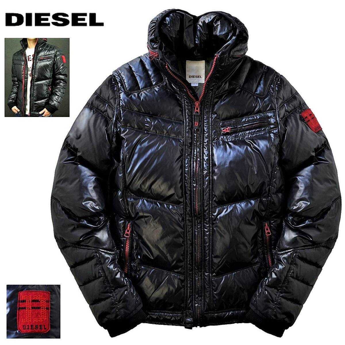 極美品 定価4.5万 名作 極暖 DIESEL ディーゼル WEROCK ワッペン 襟内フード内蔵 シャイニー バイカー ダウンジャケット M 黒赤 ライダース拍卖