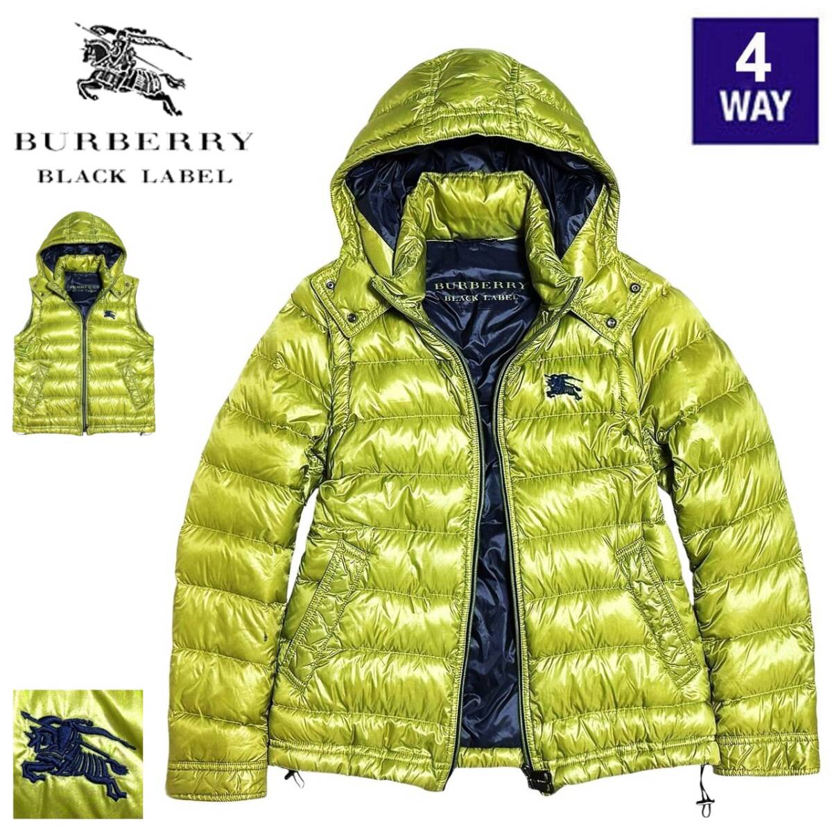 希少XL! 美品 極暖! バーバリーブラックレーベル BIGホース刺繍 4WAY シャイニー ダウンジャケット ダウンベスト LL BURBERRY BLACK LABEL拍卖