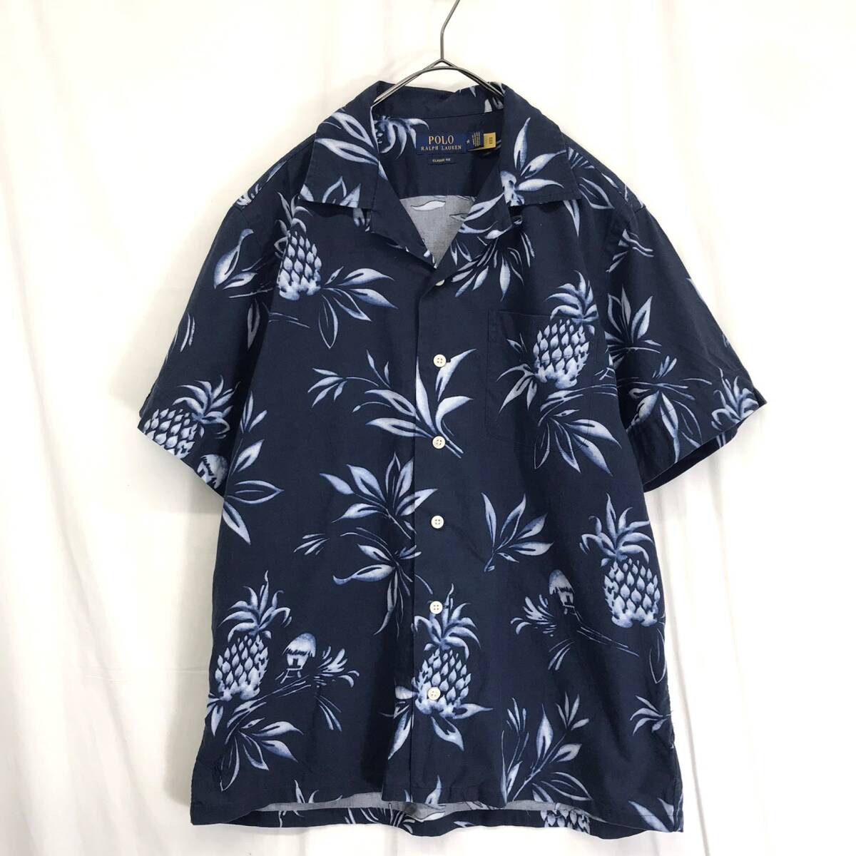 KZ1014★POLO RALPH LAUREN : オープンカラー 総柄アロハシャツ★M★ネイビー パイナップル 開襟拍卖