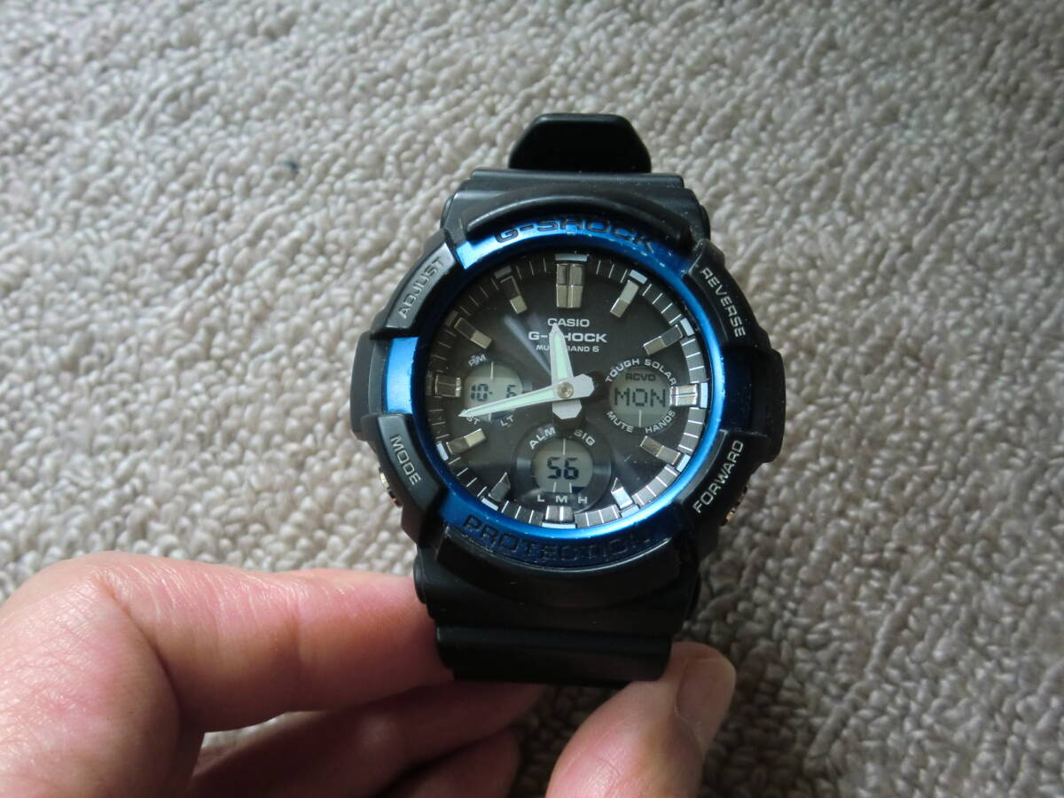 Gショック GAW-100B 電波ソーラー アナデジ 黒×ブルー 中古拍卖