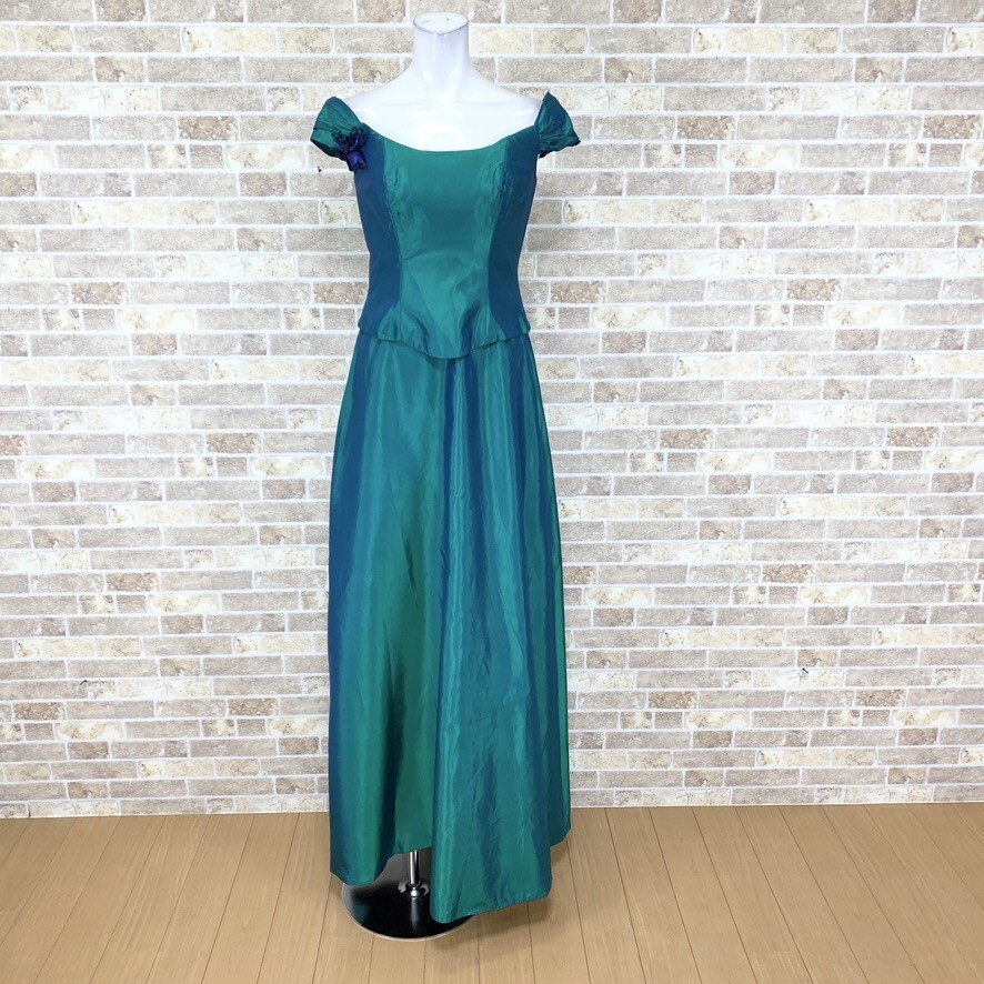 1円 ドレス Alfred Angele ロングドレス 裏地色褪せ有(画像) 緑系光沢 パーティードレス カラードレス 中古15777拍卖