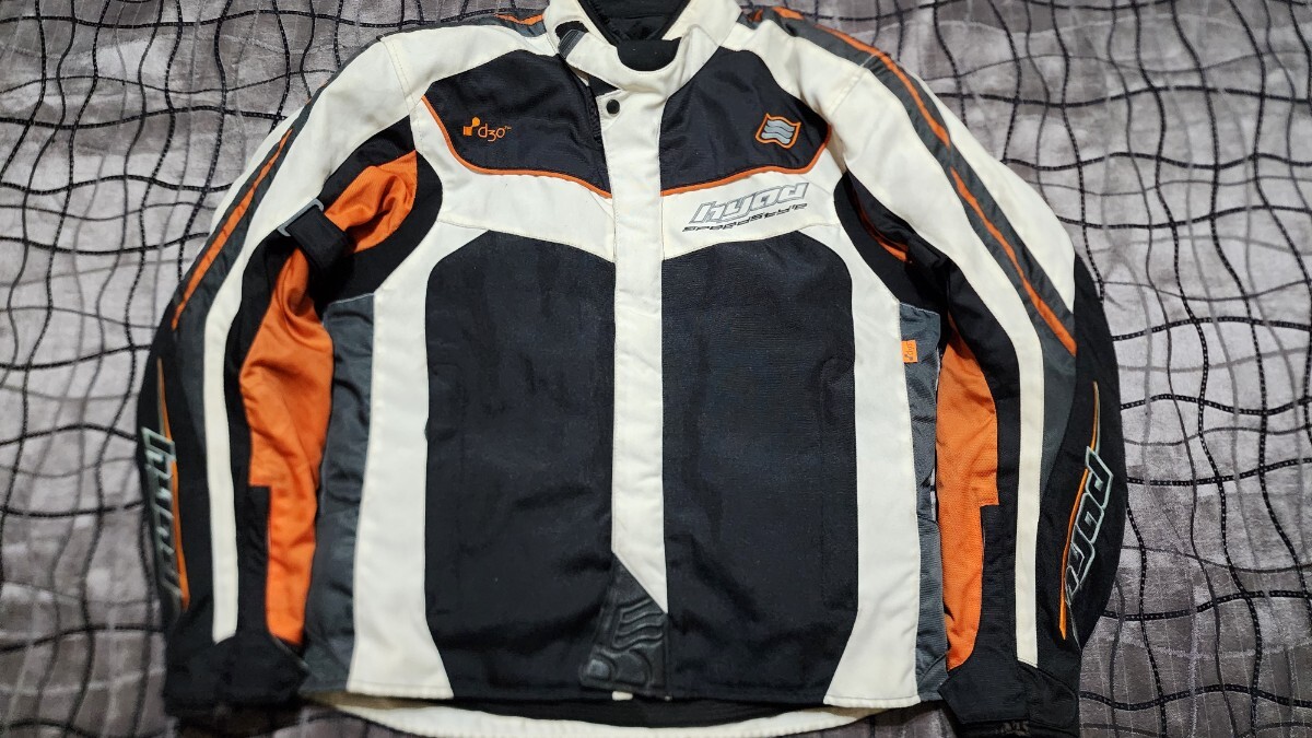 【L】HYOD SPEED ID ジャケット 秋冬春 背面ロゴデザイン オレンジホワイト三点パッド インナー付き バイク ライディング ライダース拍卖