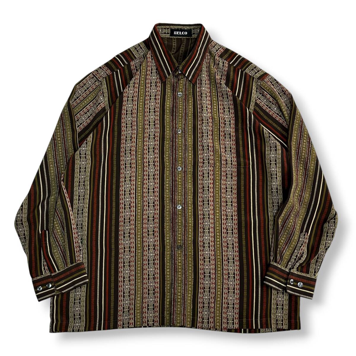 美品 秀逸 レア【ELCO】VINTAGE 80s 90s 総柄 柄ストライプ ビンテージポリシャツ 落ち感あり レトロ 古着ミックス 日本製 拍卖