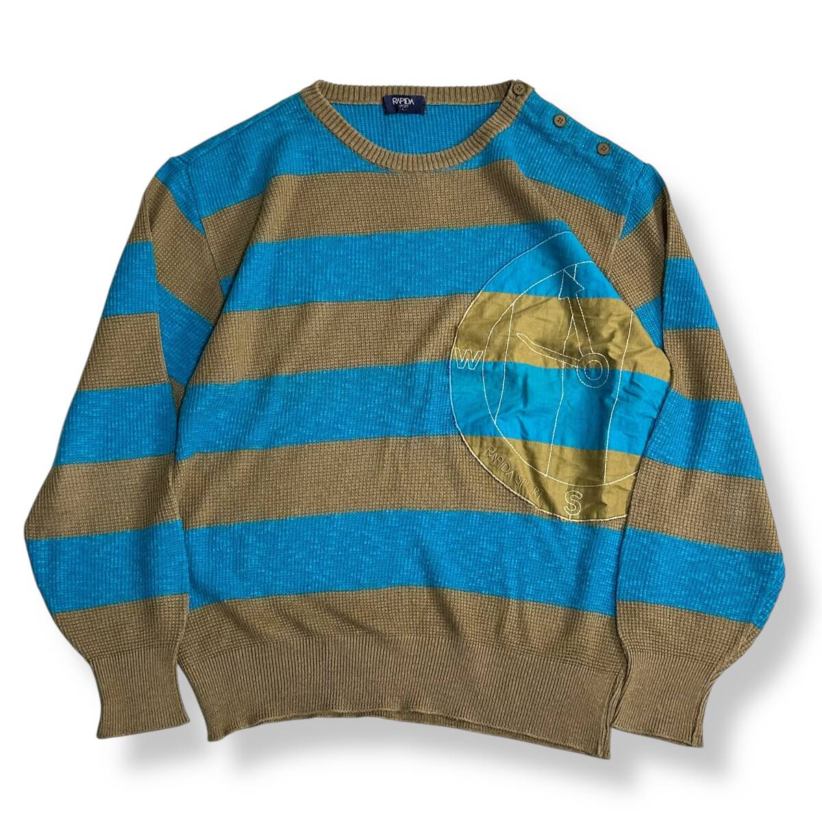 貴重【RAPIDA】80s 90s VINTAGE リネン混 ビンテージボーダーニット 布帛 刺繍 オールド レトロ古着 布帛 国産ビンテージ拍卖