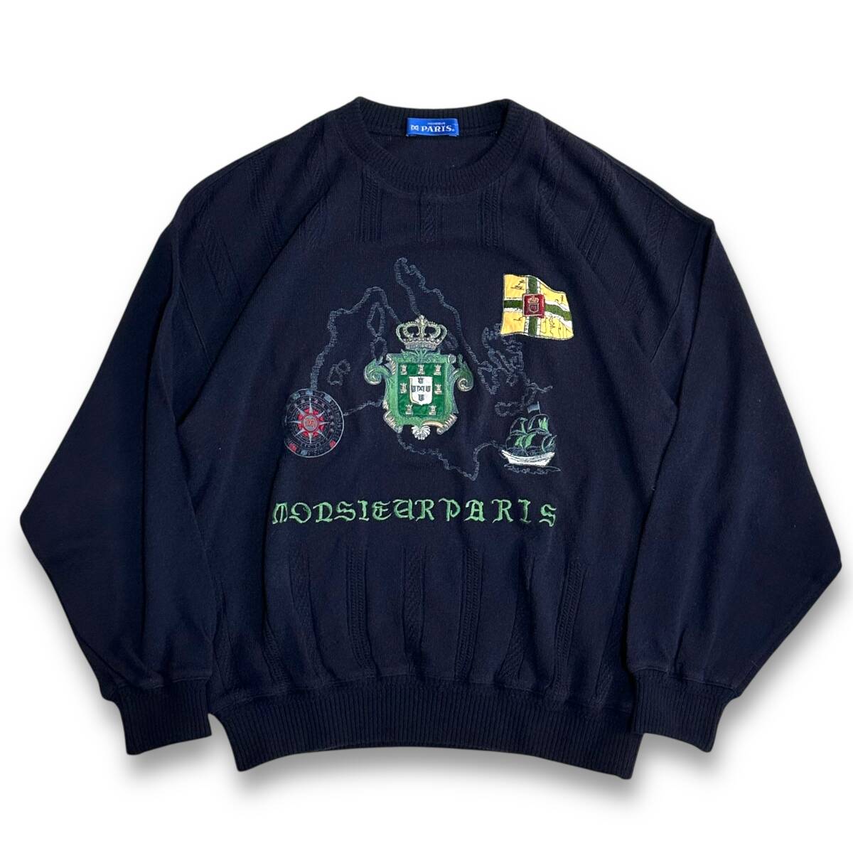 お洒落【Monsieur PARIS】VINTAGE 90s 刺繍 古着ミックス レトロビンテージクルーネックニット ネイビー マリンデザイン 日本製拍卖
