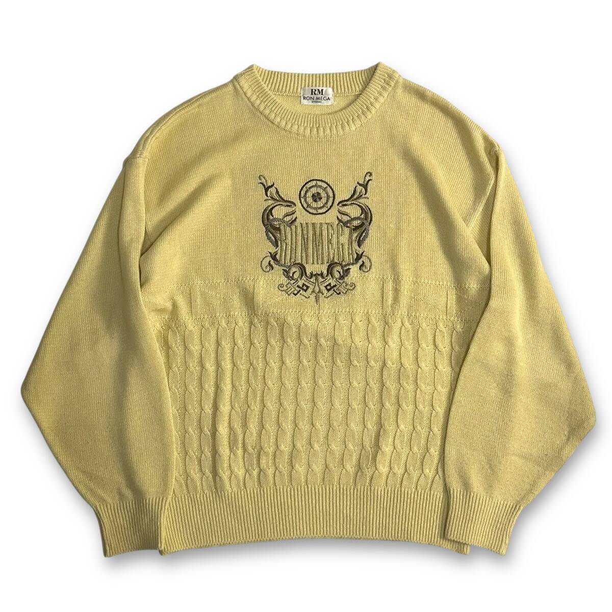お洒落【RON MEGA】VINTAGE 80s 90s エンブレム刺繍 アクリル&リネン ビンテージケーブルニット パステルカラー 日本製 イエロー拍卖