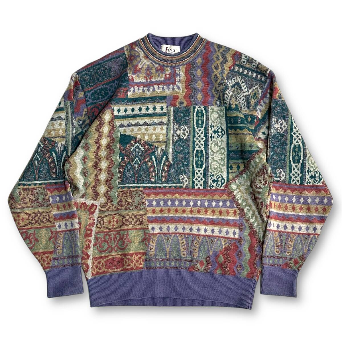 希少 レア【DOLCE】VINTAGE 90s 個性派 総柄デザイン レトロビンテージクルーネックニット 派手ニット オールド 古着 下北ファッション拍卖