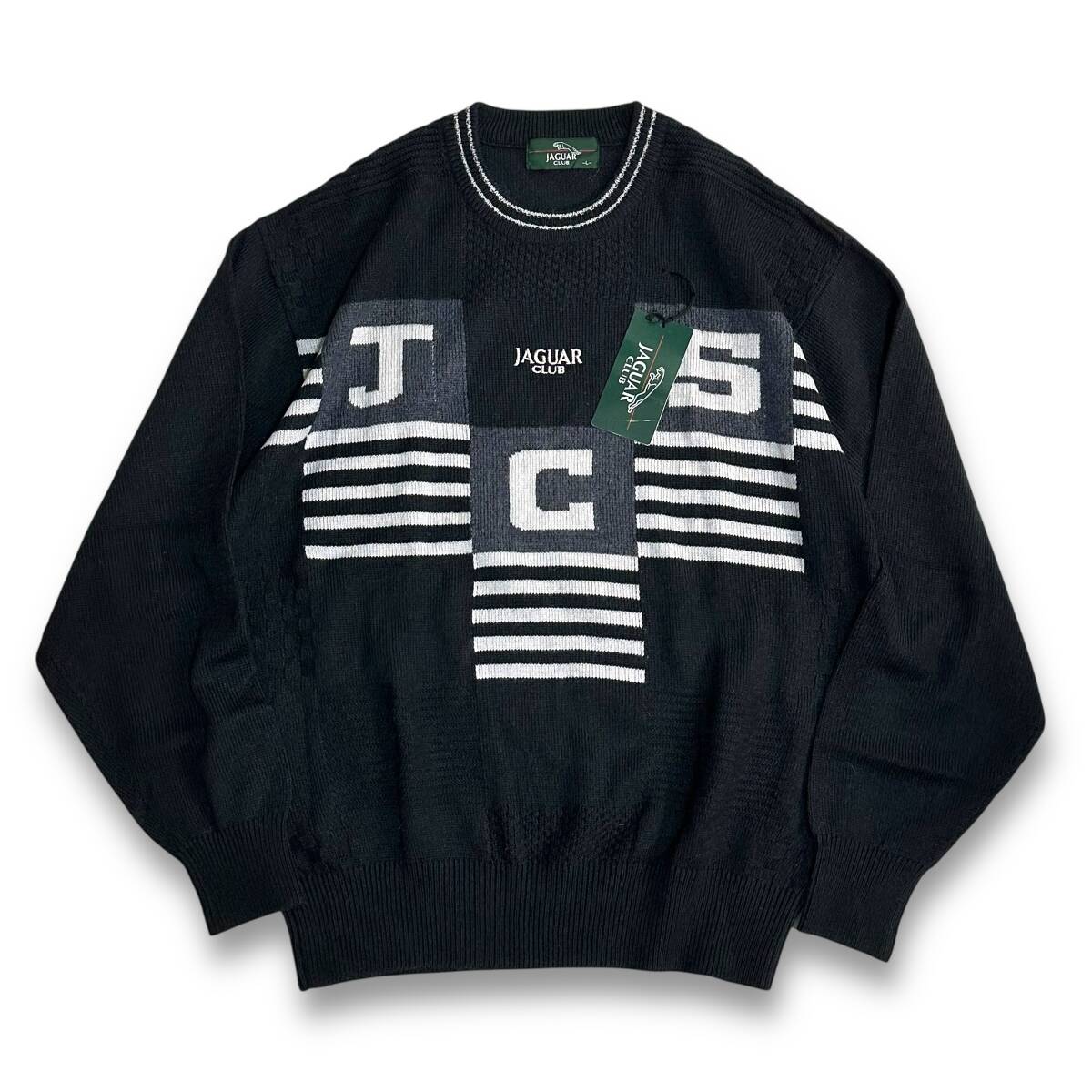 未使用【JAGUAR CLUB】デッドストック 90s 00s パネルデザイン クルーネックニット VINTAGE ブラック グレー拍卖