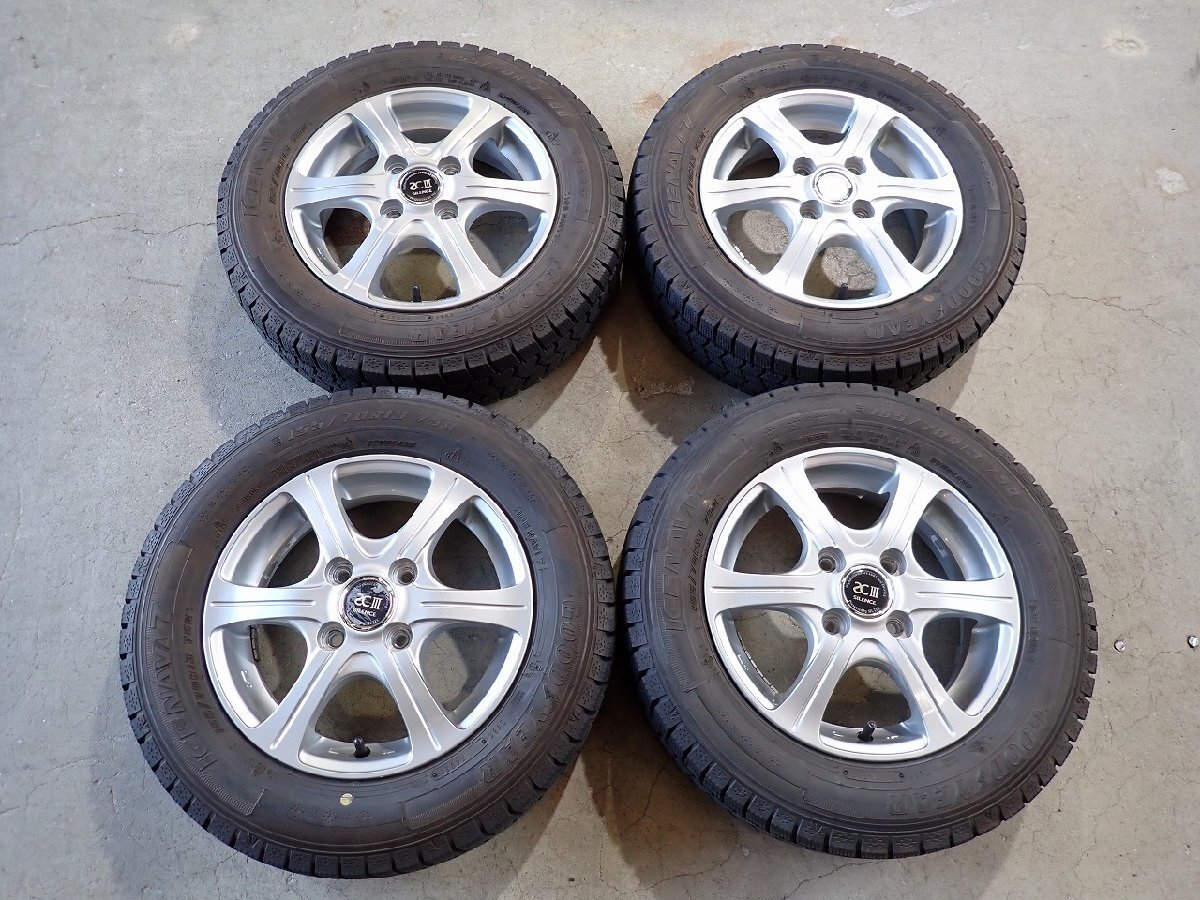 YS22571【送料無料155/70R13】バモス ミライースなどに グッドイヤー 中古スタッドレスセット ★13×4J 100/4H ET42★1円スタート拍卖