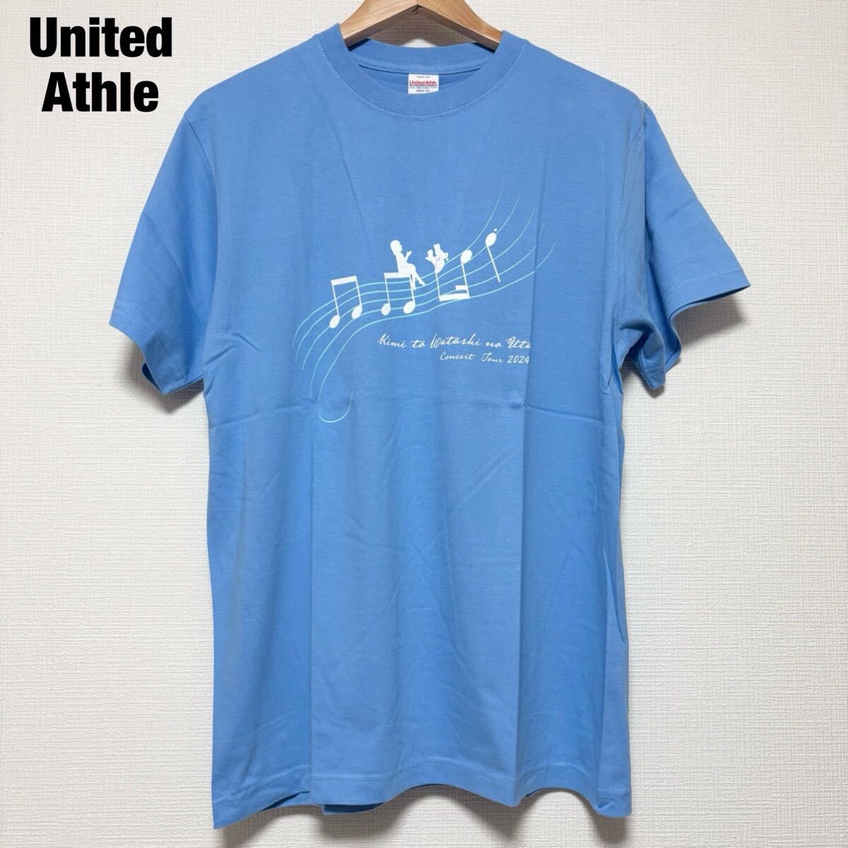美品 新品 未使用 United Athle ユナイテッドアスレ メンズ Tシャツ 丸首 半袖 半袖Tシャツ 音符 ブルー サックスブルー 水色 青 L拍卖