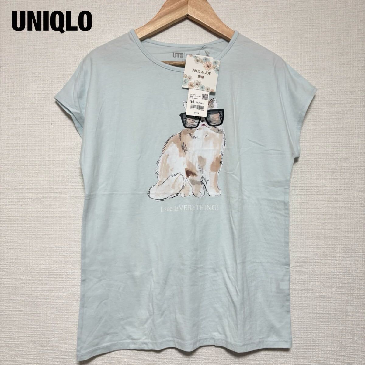 新品 タグ付き 未使用 UNIQLO ユニクロ PAUL & JOE ポール&ジョー UT KIDS 160 Tシャツ 半袖 丸首 ノースリーブ 猫 ライトブルー 水色 青 M拍卖
